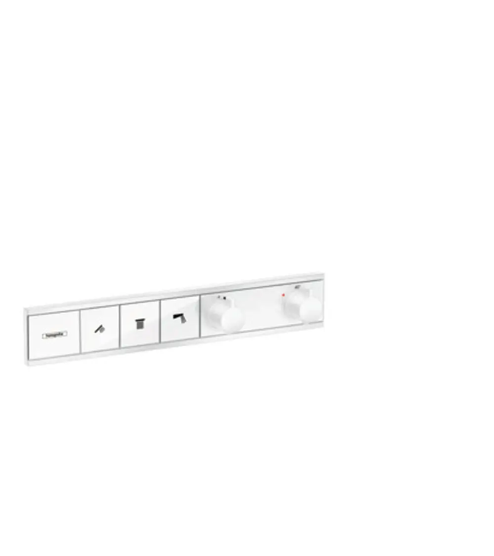 Weißes Bedienfeld von Hansgrohe mit drei Steuerungselementen und Drehreglern zur Temperatur- und Wassermengenregelung.